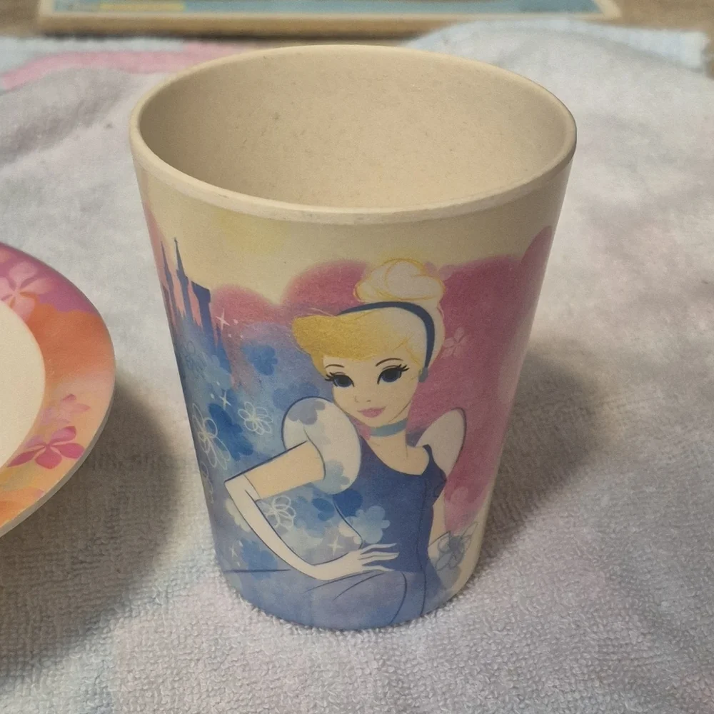 Disney Princess Kids Bamboo Dish Set Plate Bowl Cup Ariel Cinderella Toddler